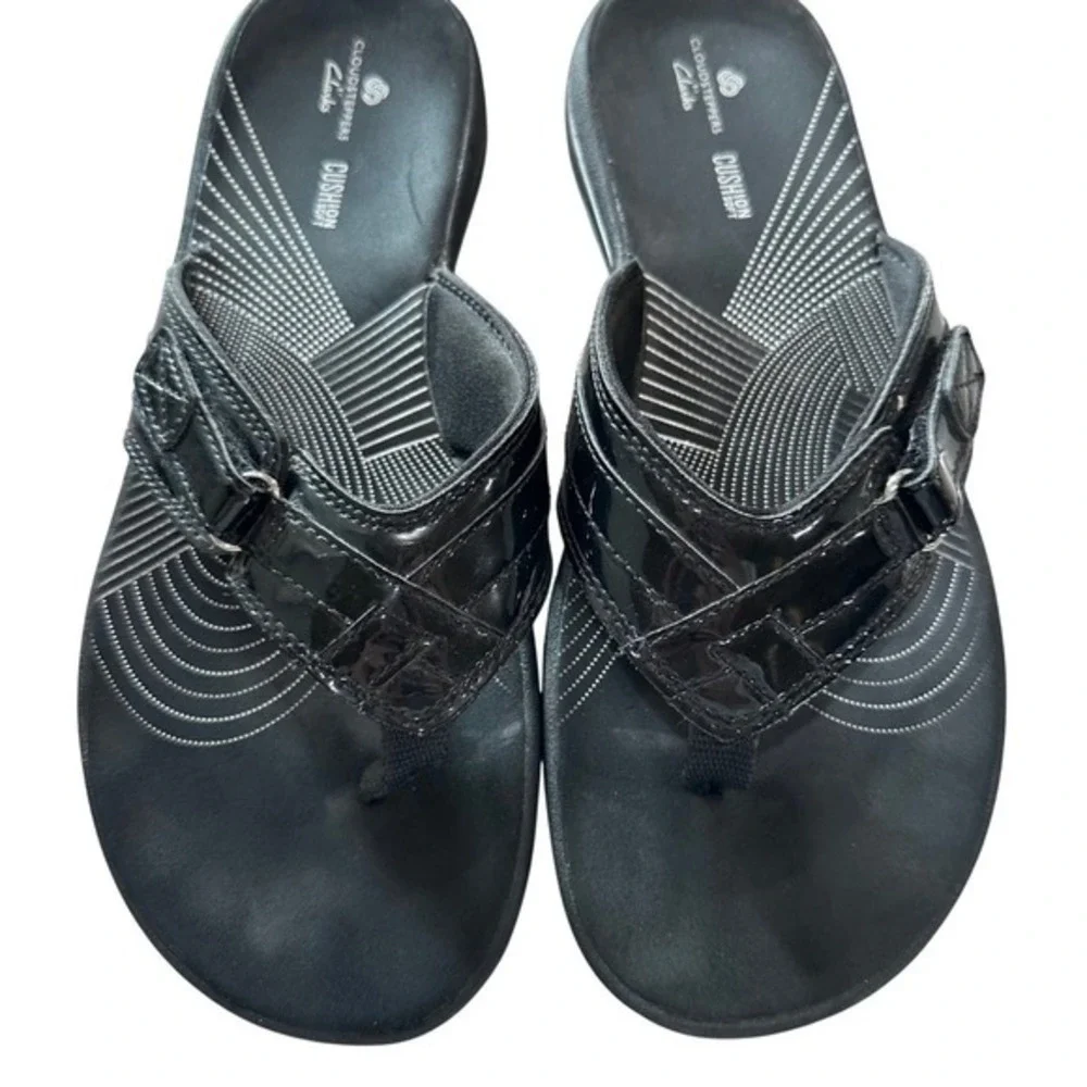 Clarks Cloudsteppers Black Patent Flip Flop Sandals Womens‎ Size 8 Comfort